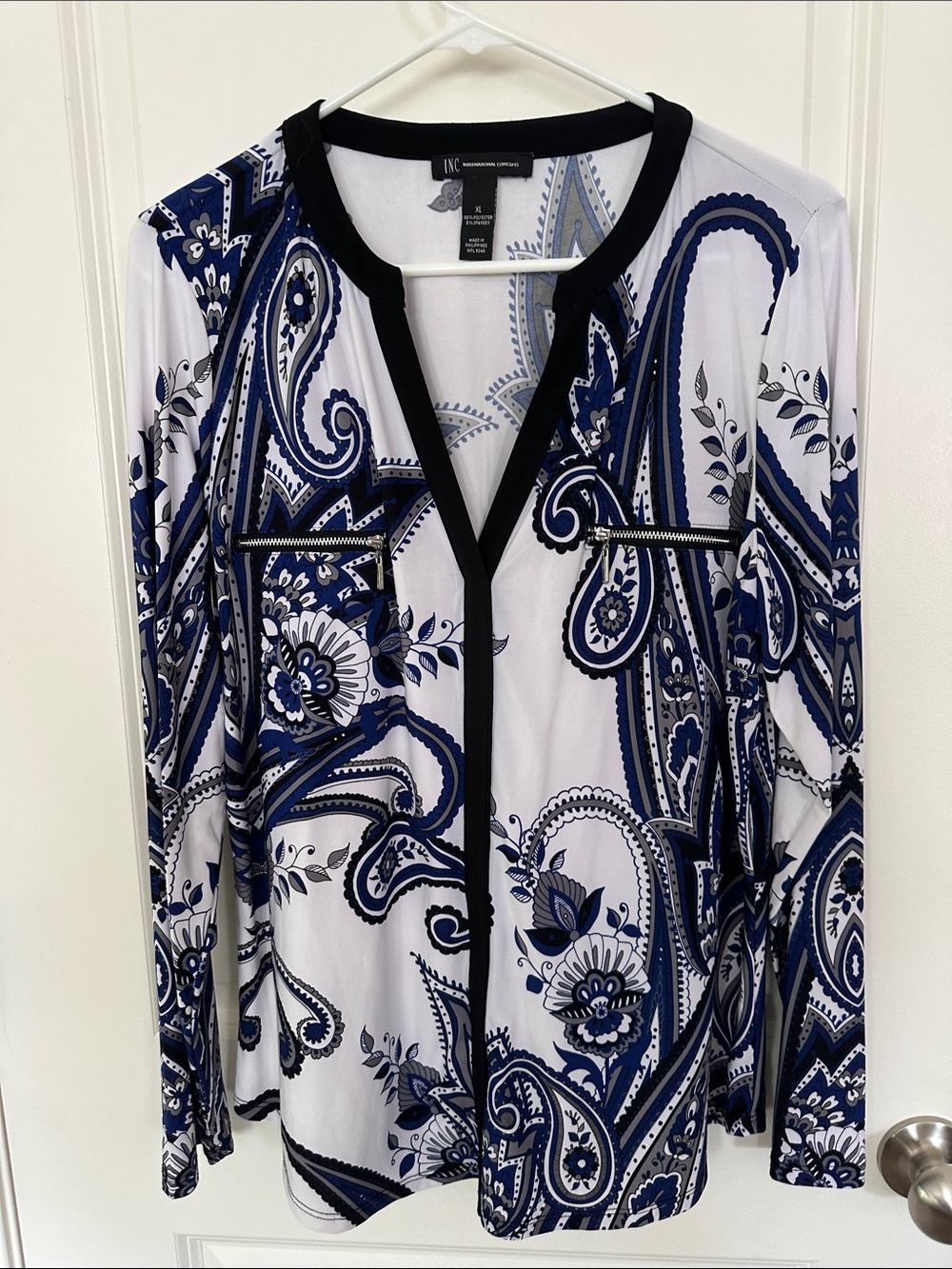 INC International Concepts Navy and White Paisley V-Neck Top with Black Trim